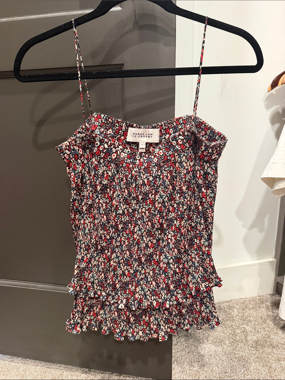 10 Crosby Derek Lam Red, Black and White Floral Smocked Camisole